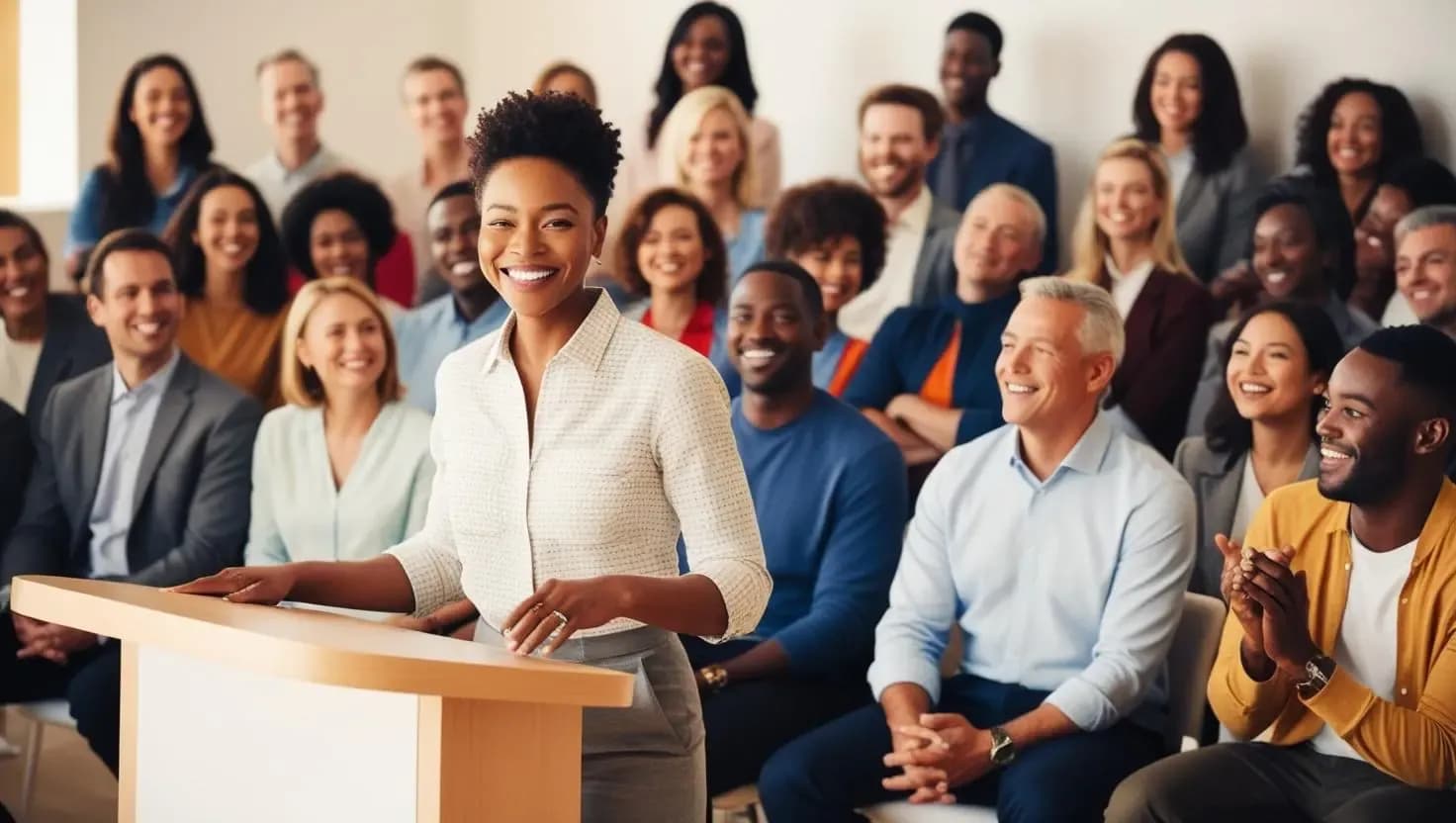 故事行銷，一個人站在講台上簡報，講故事，台下觀眾反應很好