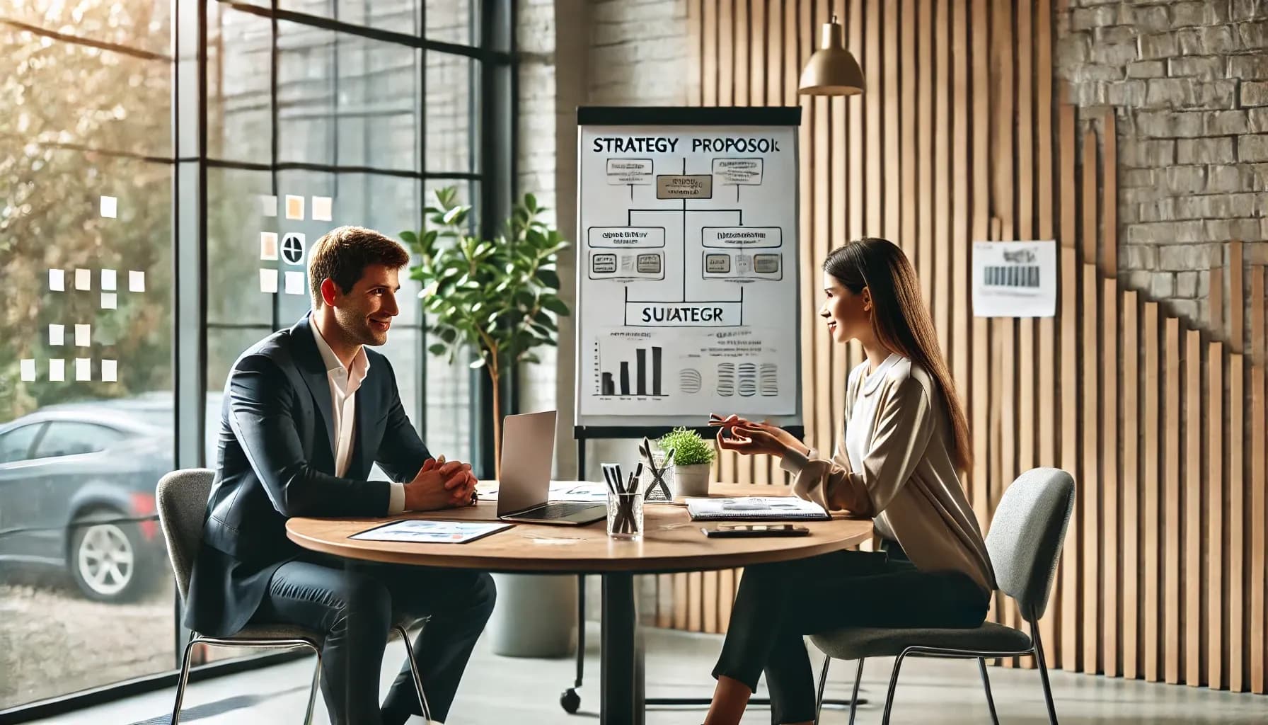 DALL·E .. A professional discussion scene between a vendor and a customer in a modern office setting. The vendor is presenting a strategy or proposal using a la