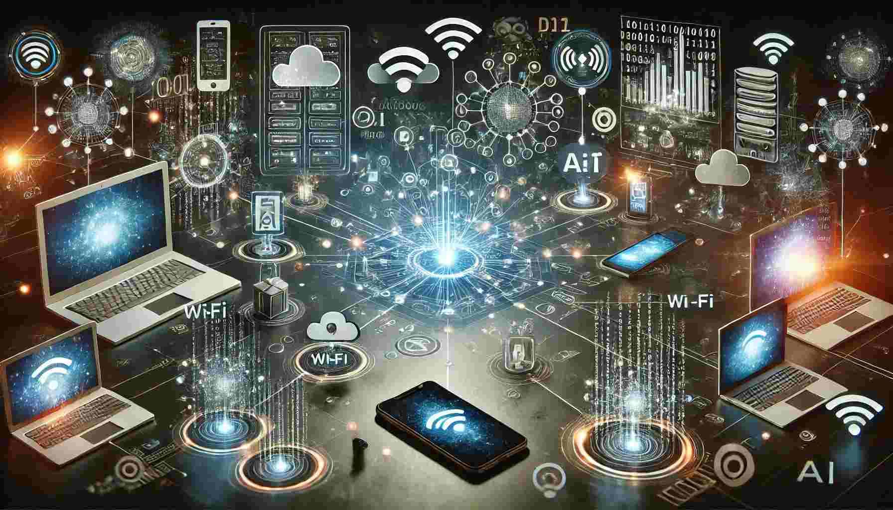 DALL·E .. A futuristic visualization of interconnected technology. The image shows multiple devices like smartphones laptops cloud servers and AI systems con