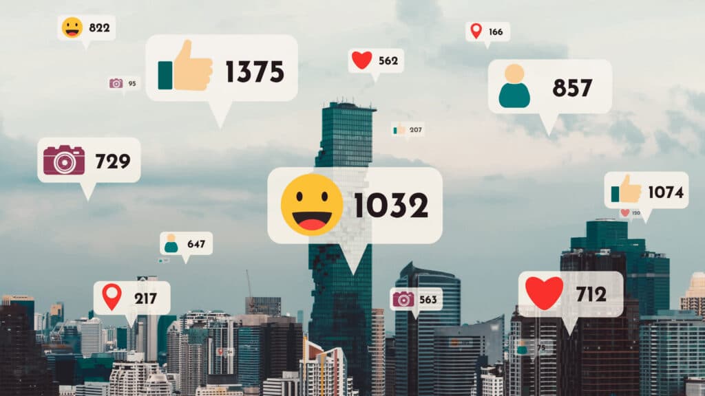 social media icons fly city downtown showing people reciprocity connection
